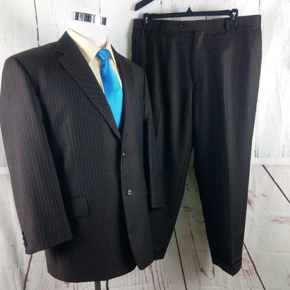 Tiglio 46R Super 150's Wool Mens 2 Buttn Brown Striped 2pc Suit 38x27 Fl…
